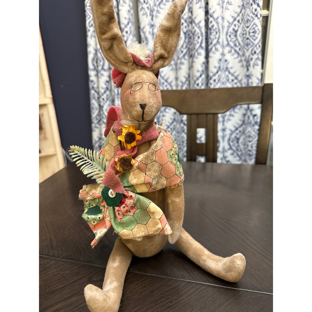 Miss Hattie Maudine Primitive Folk Art Bunny Rabbit Doll Quilted Patchwork 18"